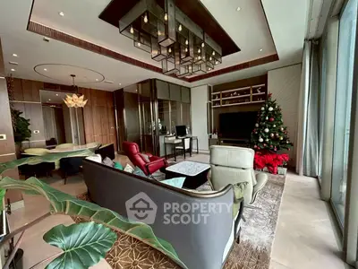 Luxurious living room with modern decor and Christmas tree, featuring floor-to-ceiling windows and elegant lighting.