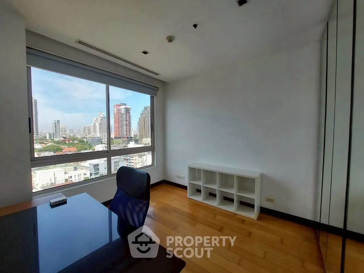 Modern study room with city view and sleek furniture