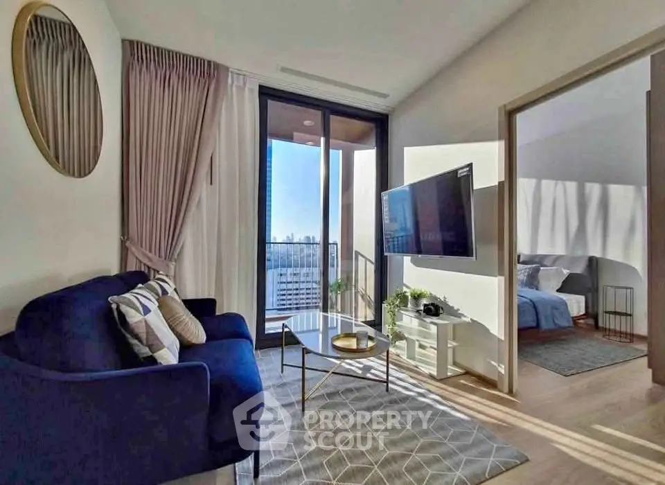 Modern living room with balcony view and stylish decor in urban apartment