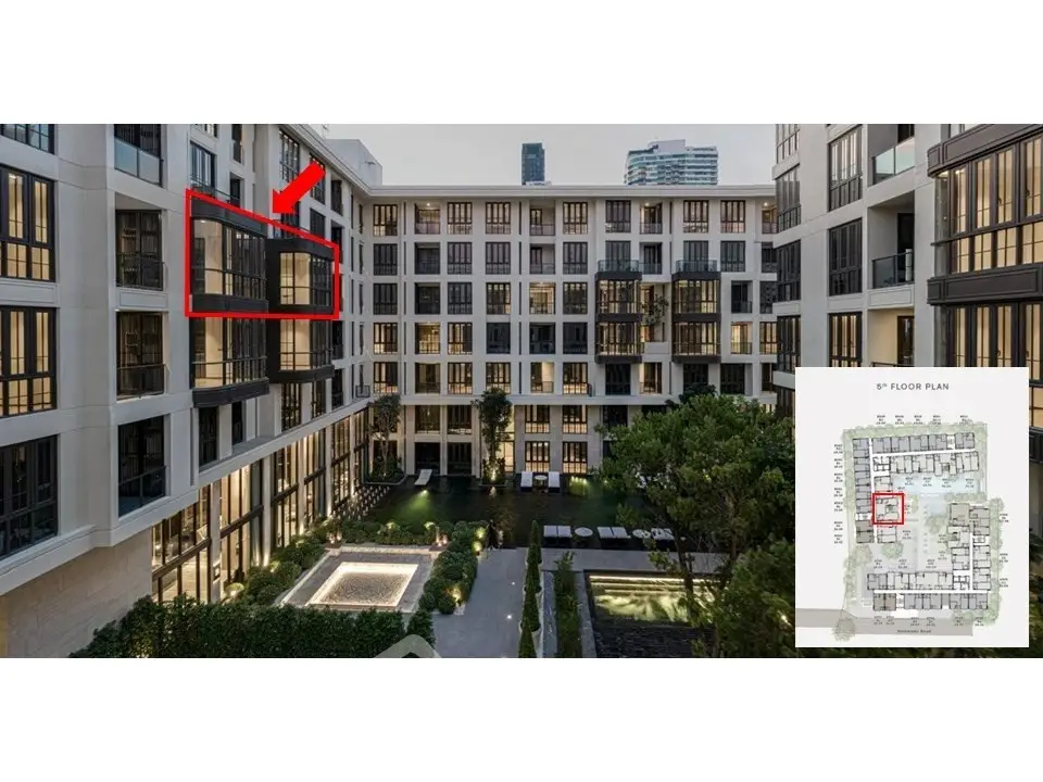 Modern apartment building exterior with highlighted unit and floor plan inset
