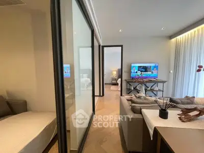 Modern living room with sleek design and cozy ambiance