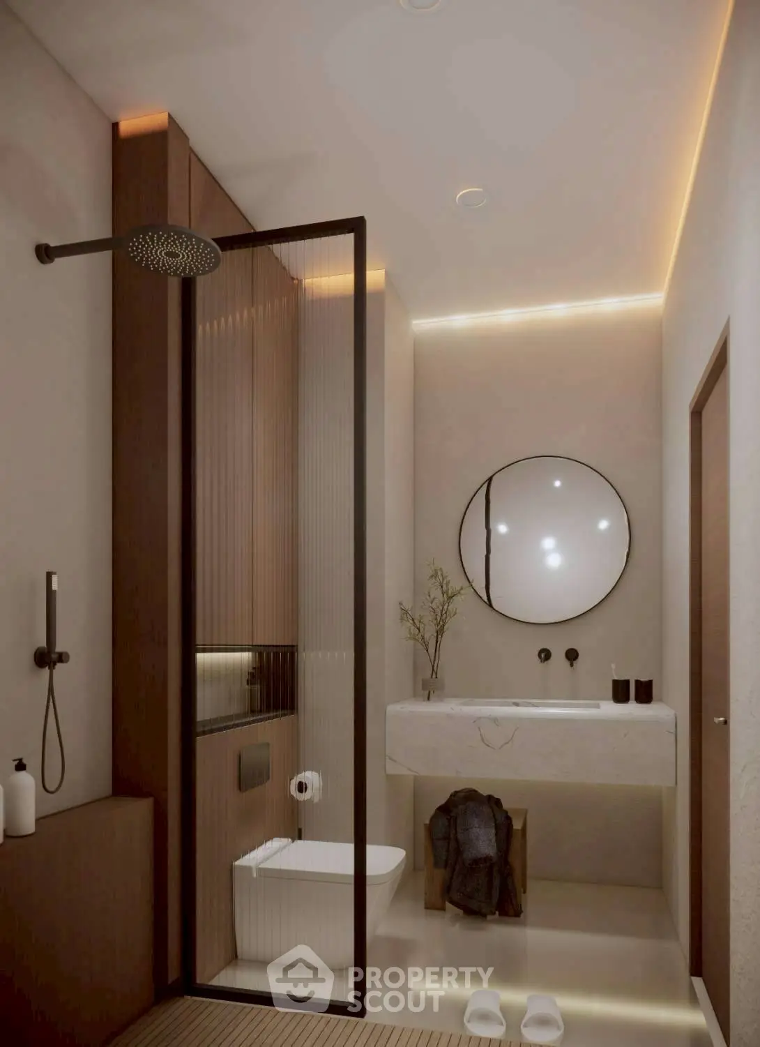 Modern bathroom with sleek shower and elegant round mirror