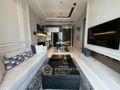 Luxurious modern living room with sleek design and open kitchen layout