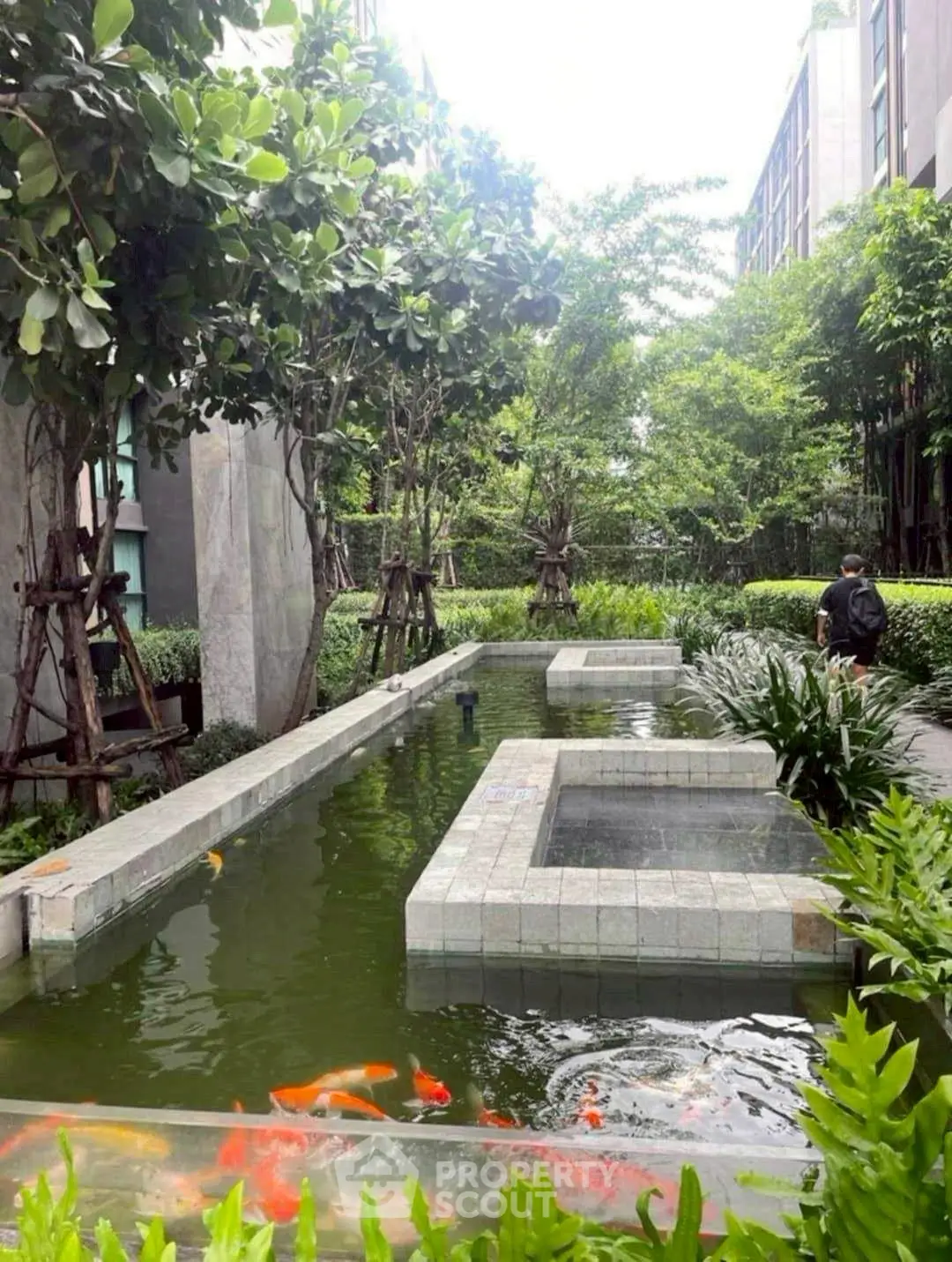 Serene garden view with koi pond in modern residential complex