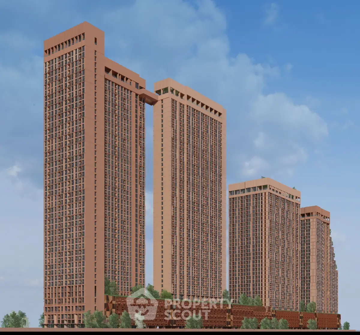 Stunning modern high-rise residential buildings with unique architectural design and sky bridge.