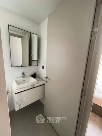 Modern minimalist bathroom with sleek vanity and mirror cabinet.