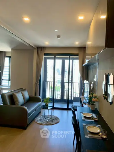 Modern living room with balcony view in a stylish apartment