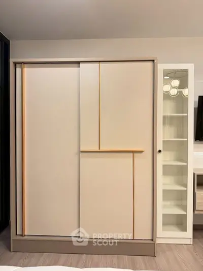 Modern bedroom with sleek wardrobe and elegant lighting