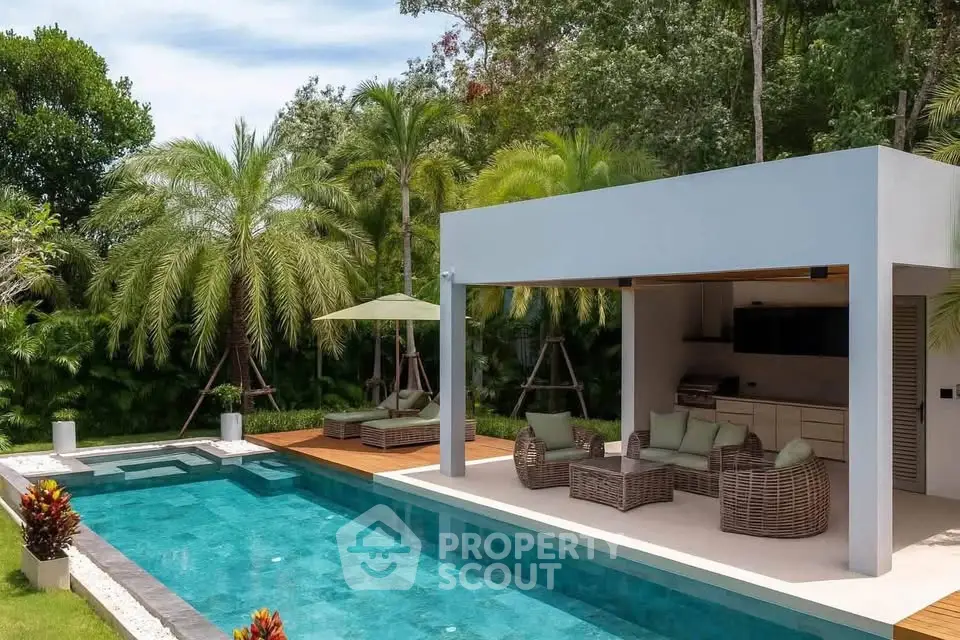 Luxurious outdoor pool area with modern cabana and lush greenery, perfect for relaxation and entertainment.