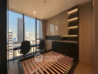 Modern bedroom with city view and stylish furniture in high-rise apartment