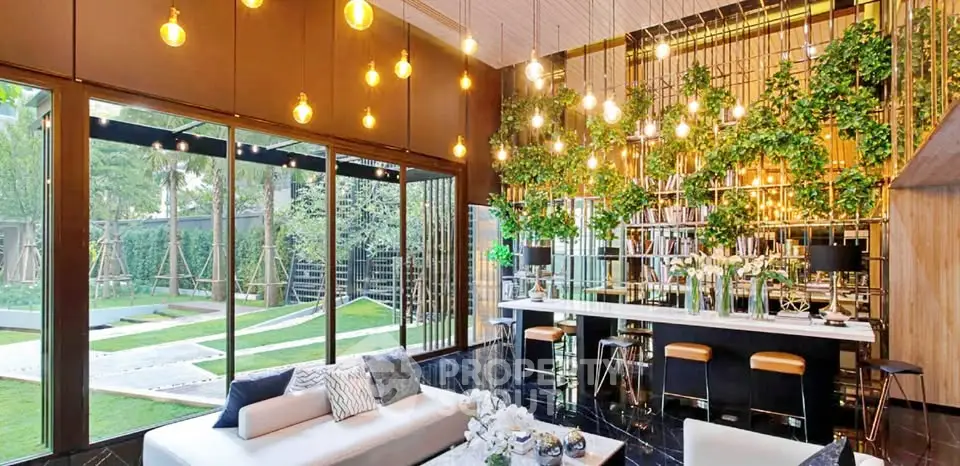 Luxurious modern living room with garden view and elegant lighting
