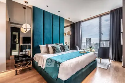 Luxurious bedroom with stunning city view and modern decor