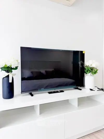 Modern living room with sleek TV setup and elegant decor