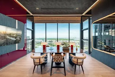 Luxurious modern dining room with panoramic city view and elegant decor