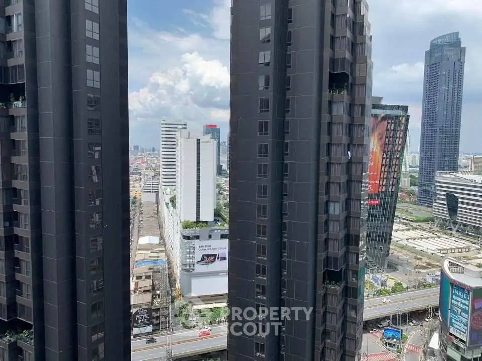 Stunning urban cityscape view from high-rise building balcony