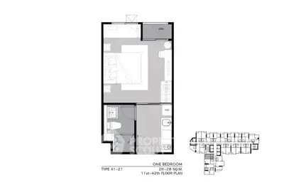 One-bedroom floor plan with efficient layout, featuring living area, kitchen, and bathroom, ideal for modern living.