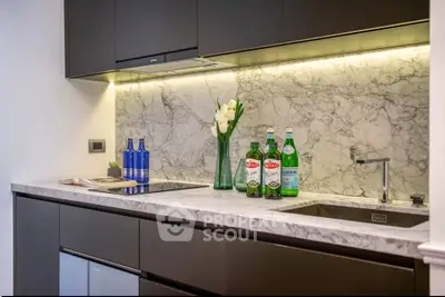 Modern kitchen with marble backsplash and sleek cabinetry, featuring elegant lighting and stylish decor.