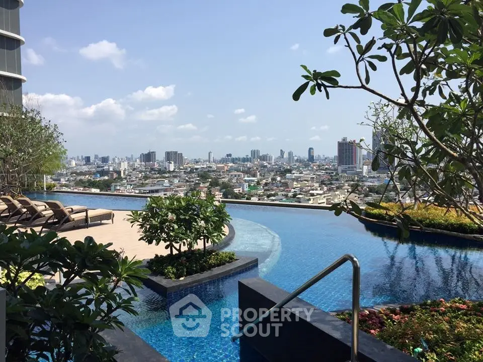 Luxurious rooftop pool with stunning city skyline view, perfect for relaxation and leisure in urban setting.