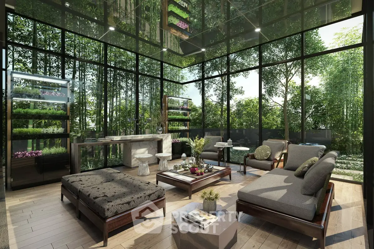 Luxurious living room with floor-to-ceiling windows and lush garden view