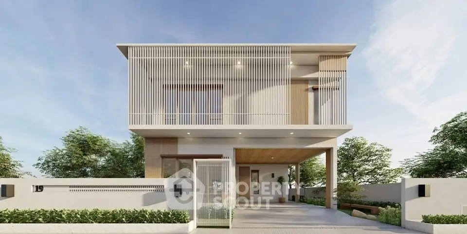 Modern two-story house with sleek design and spacious driveway