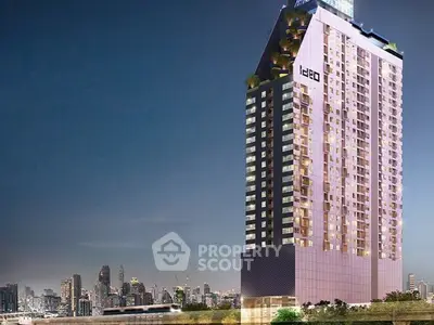 Stunning modern high-rise building with city skyline view, perfect for urban living.