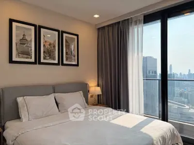 Luxurious bedroom with city view and elegant decor in modern apartment