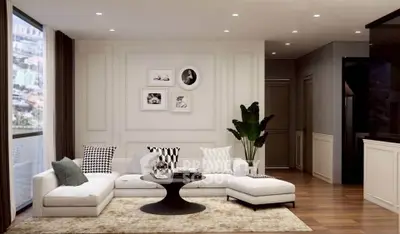 Elegant modern living room with stylish decor and large windows