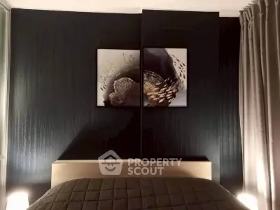 Elegant bedroom with modern art and cozy lighting