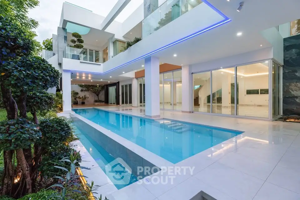 Luxurious modern villa with sleek pool and spacious outdoor area, perfect for relaxation and entertainment.