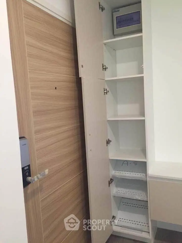 Modern apartment entrance with sleek wooden door and tall storage cabinet.