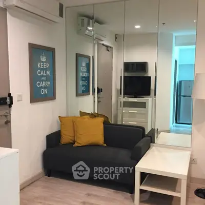 Modern living room with cozy sofa and stylish decor