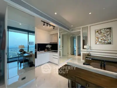 Luxurious modern living room with open kitchen and stunning city view