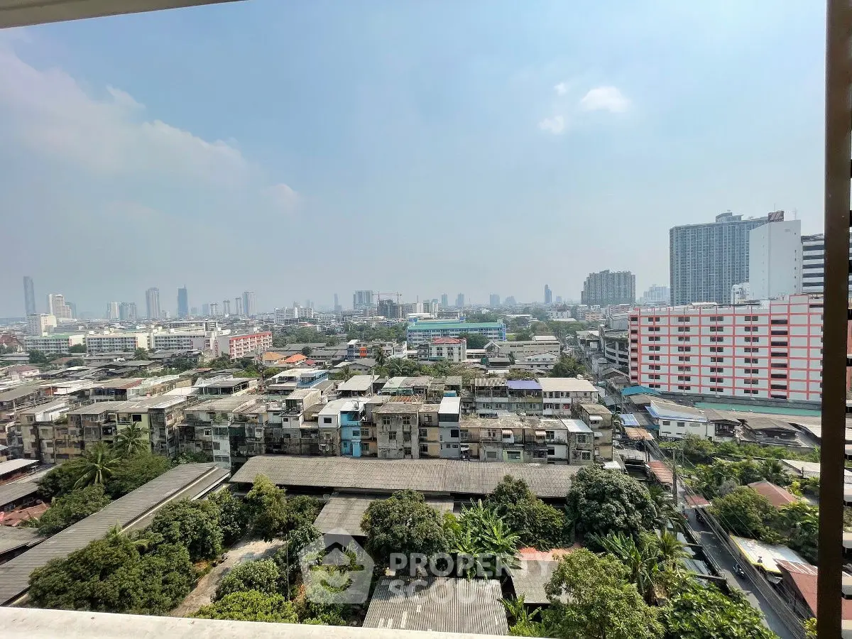 Stunning urban skyline view from high-rise balcony in bustling cityscape.