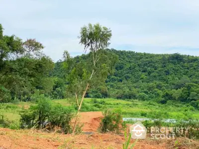 Expansive green land with lush forest backdrop ideal for development or agriculture.