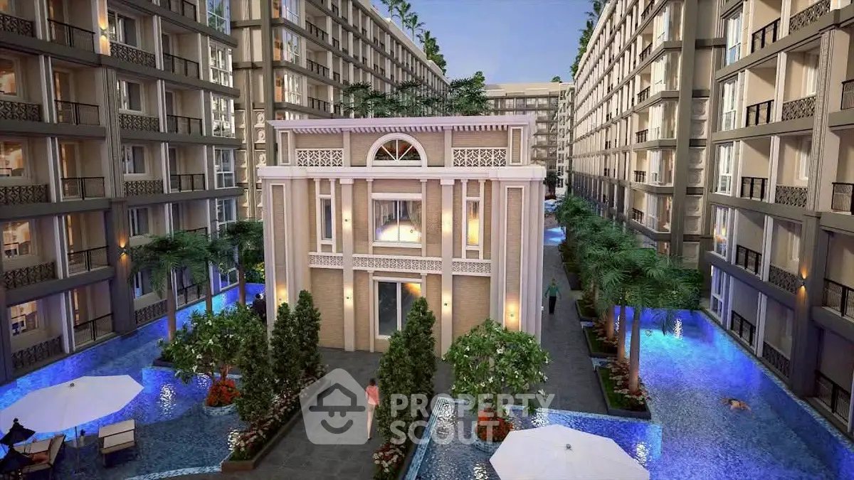 Luxurious residential complex with stunning pool and elegant architecture