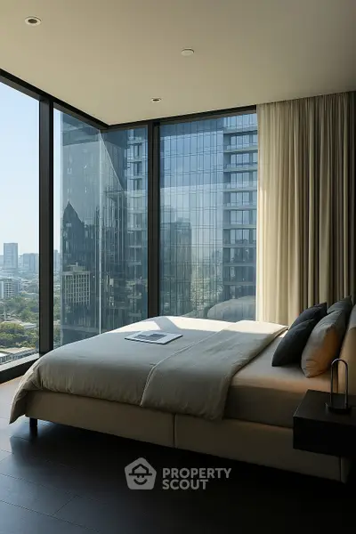 Luxurious bedroom with floor-to-ceiling windows offering stunning cityscape views.