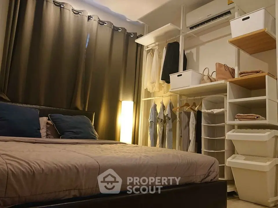 Cozy bedroom with modern open closet and ambient lighting