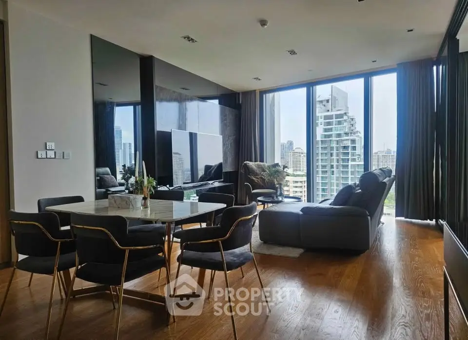 Luxurious modern living room with stunning city view and elegant furnishings