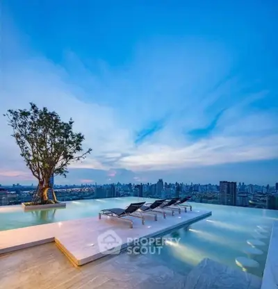 Luxurious rooftop infinity pool with stunning city skyline view at sunset.