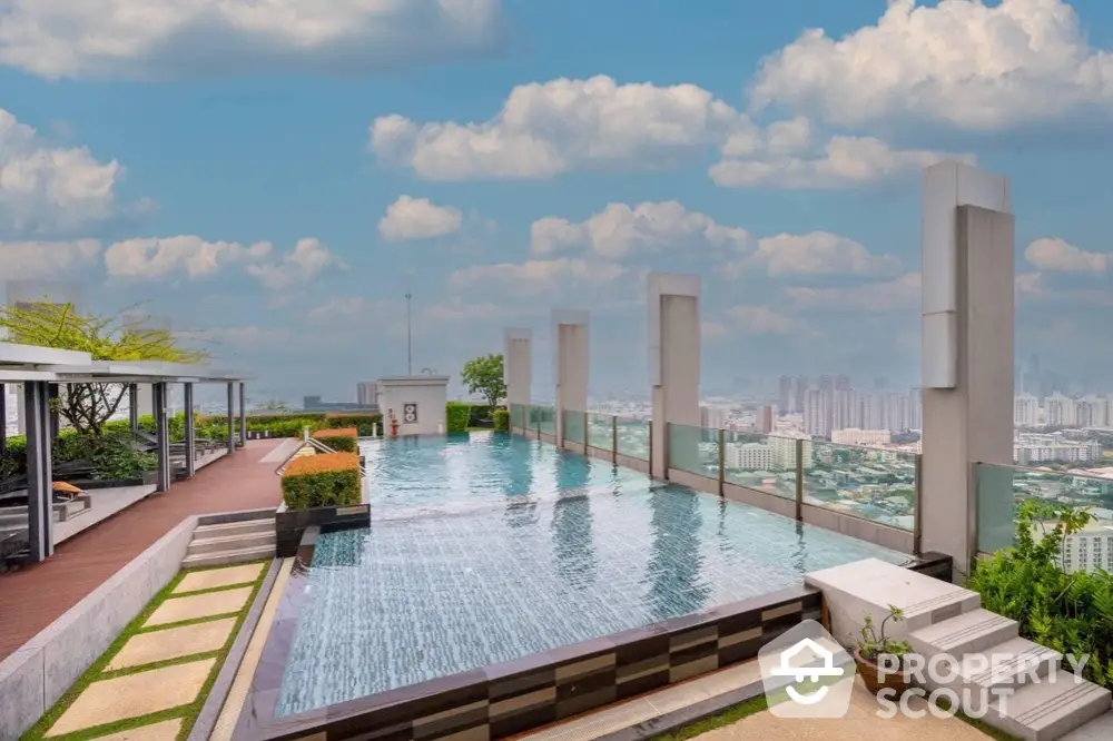 Luxurious rooftop infinity pool with stunning city skyline view