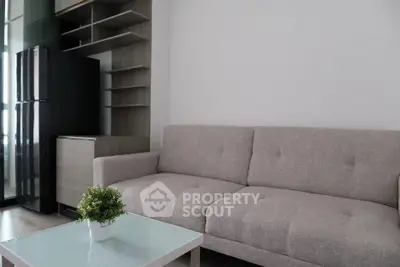 Modern living room with stylish sofa and sleek shelving unit