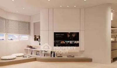 Modern living room with sleek built-in entertainment center and cozy seating area.