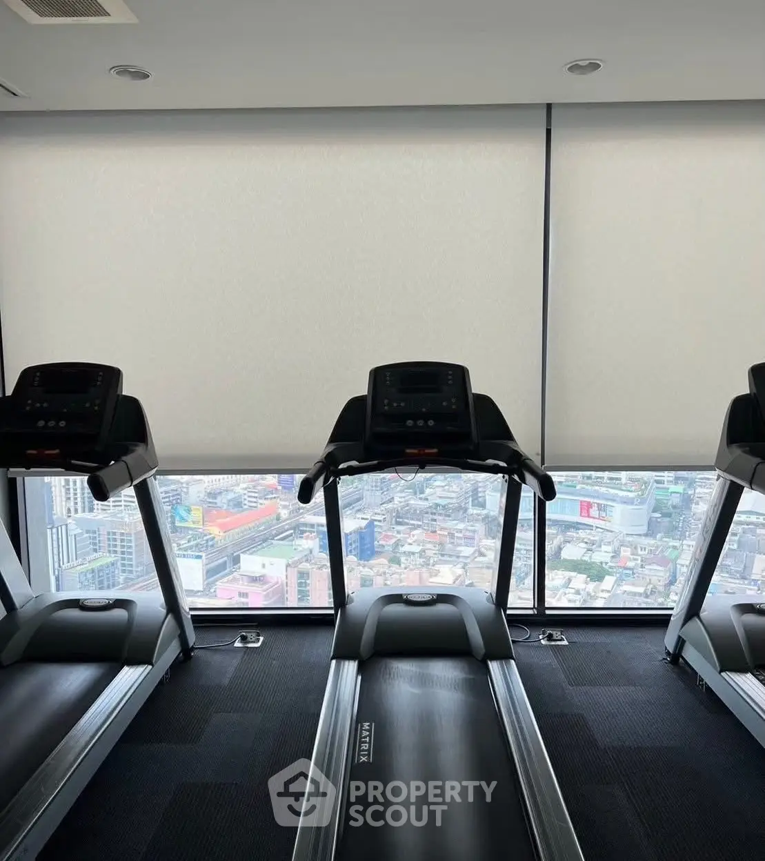 Luxury high-rise gym with panoramic city views and modern treadmills, perfect for fitness enthusiasts.