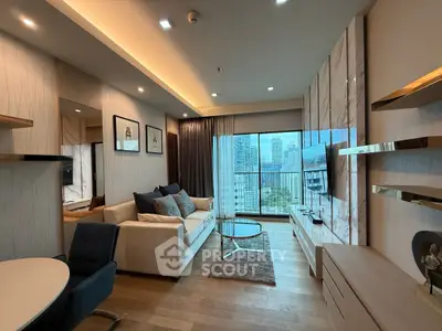 Luxurious modern living room with city view, elegant decor, and spacious layout in high-rise apartment.