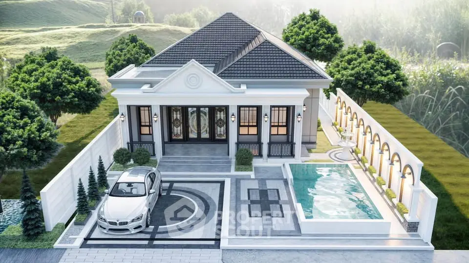 Stunning modern villa with pool and landscaped garden, perfect blend of luxury and nature.