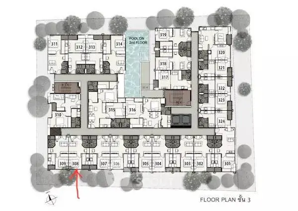 Detailed floor plan of a modern residential building with pool and multiple units.