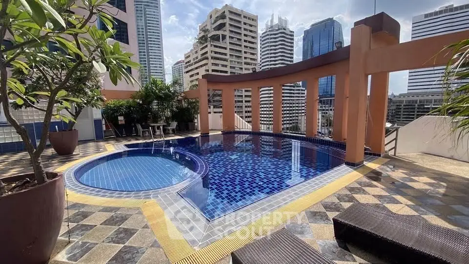 Luxurious rooftop pool with stunning city views in a high-rise building.