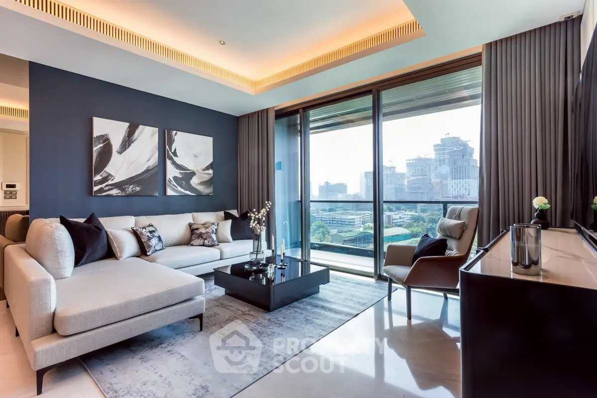 Luxurious modern living room with panoramic city view and elegant decor