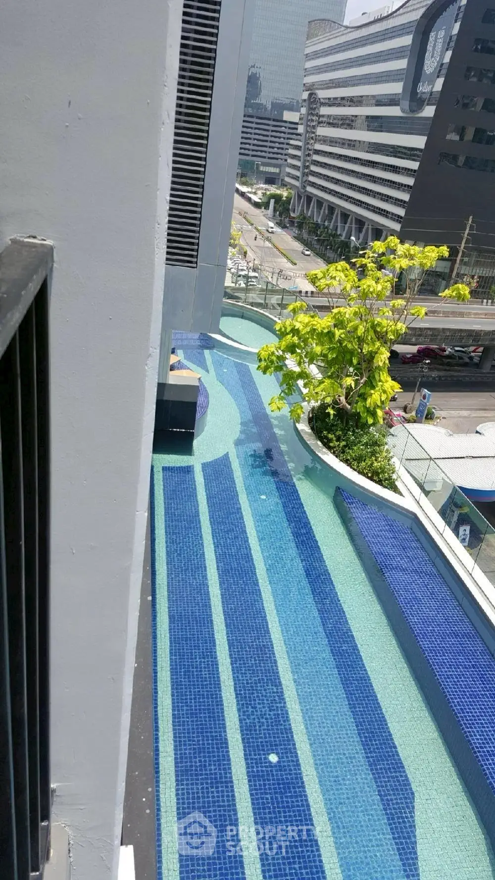 Modern urban swimming pool with cityscape view in high-rise building
