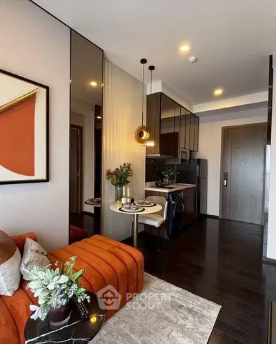 Stylish modern living room with open kitchen in luxury apartment